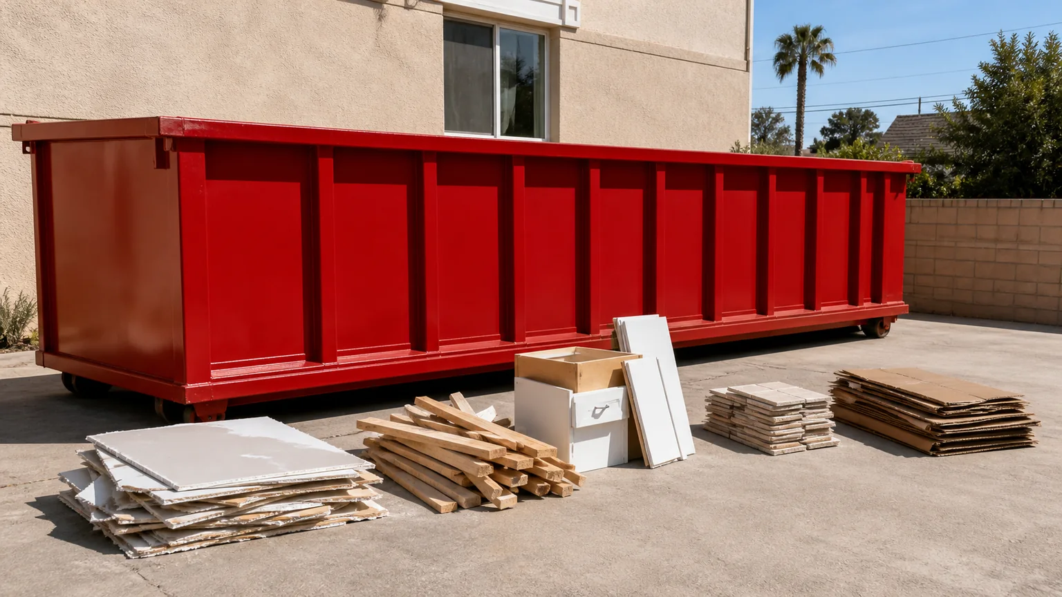 Drywall, wood, cardboard, and tile separated beside a plain red roll-off dumpster