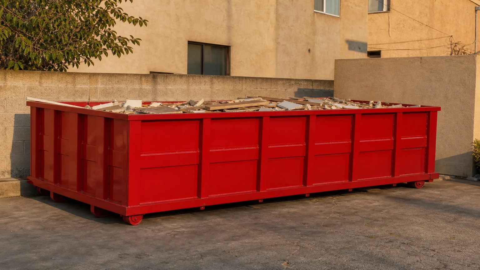 Plain red roll-off dumpster loaded below the top rail with the surrounding route clear