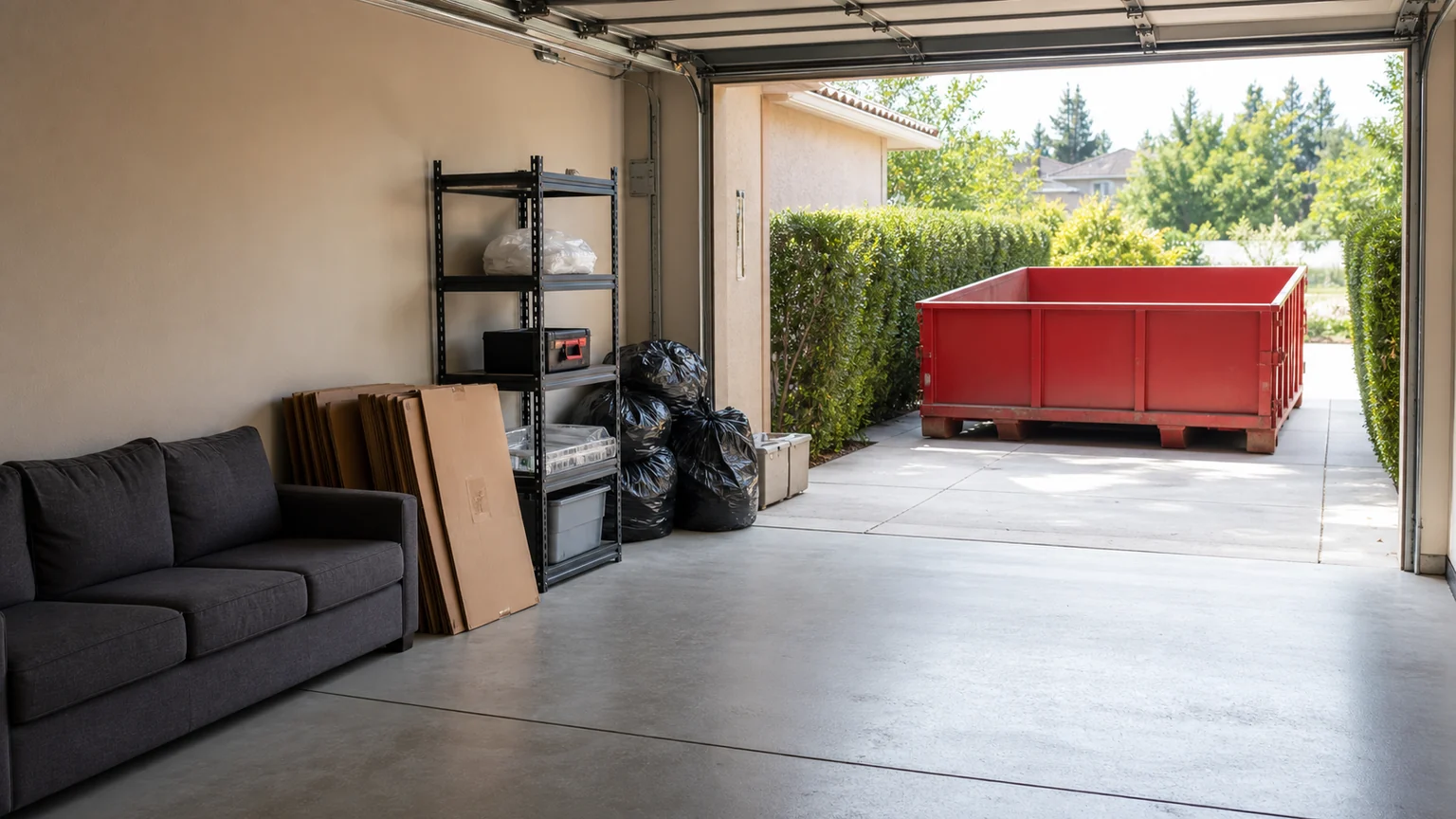 Household cleanout items arranged beside an empty red roll-off dumpster on a private driveway