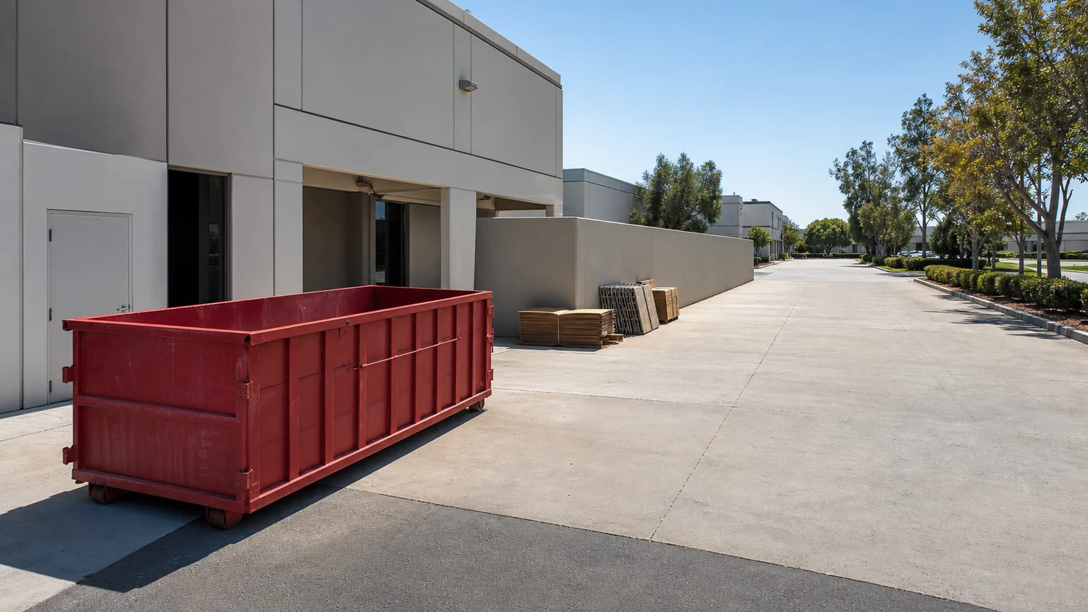 Empty red roll-off dumpster placed in a clear private commercial service lane