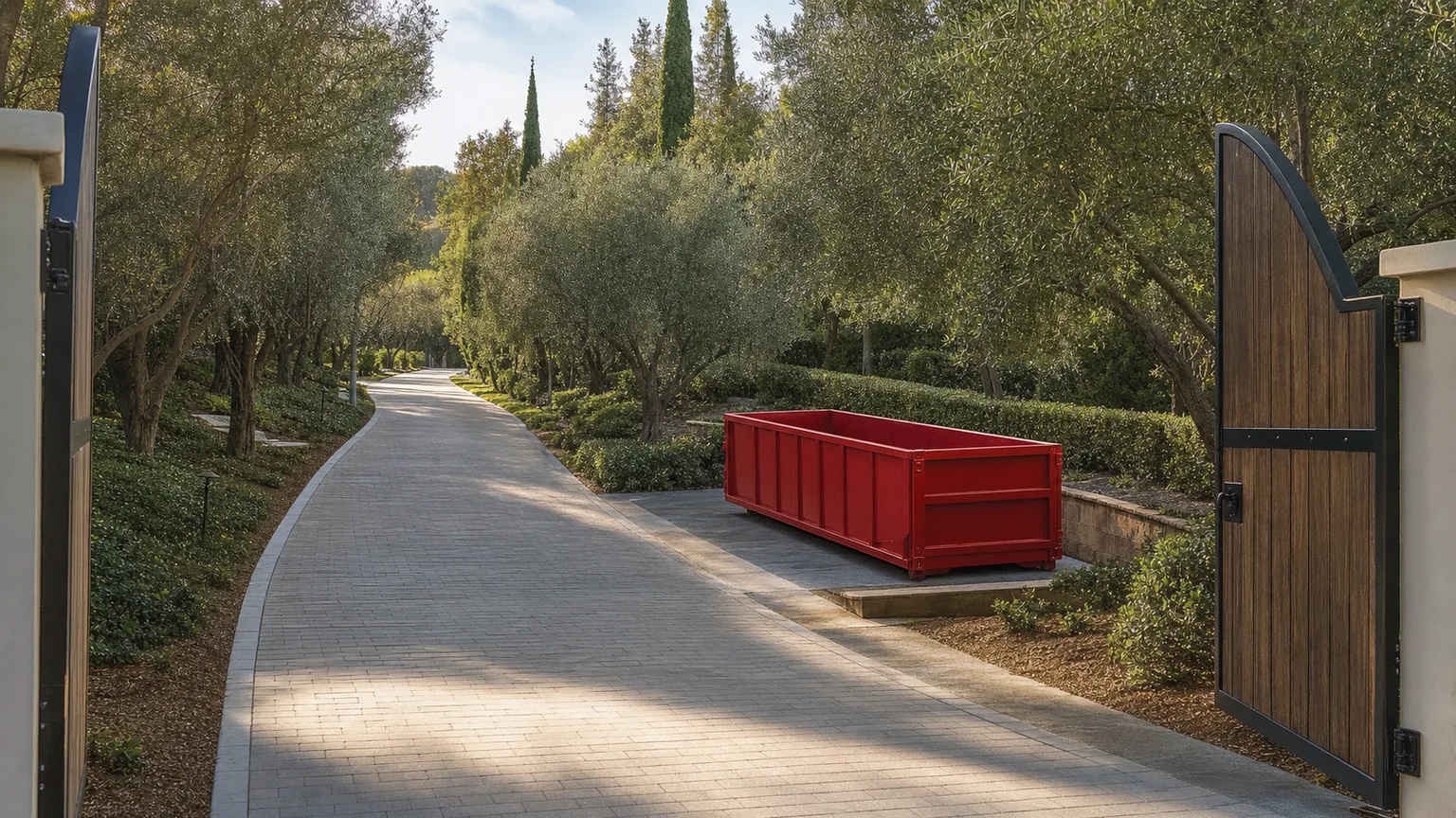 Open private gate and curved driveway with an empty red roll-off dumpster on a separate paved set-down bay