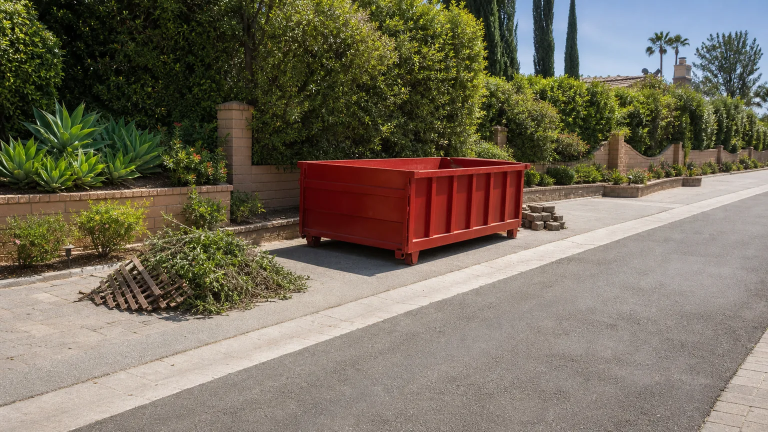 Empty red roll-off dumpster beside separate low piles of pruned branches, fence pieces, pavers, and stone