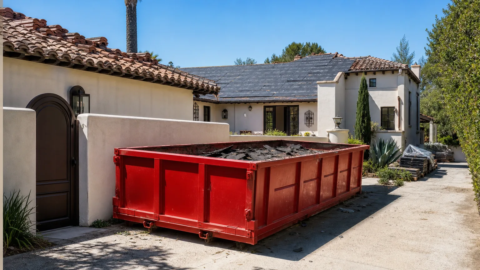 Red roll-off dumpster with a low roofing load beside an estate-style home during a roof replacement phase