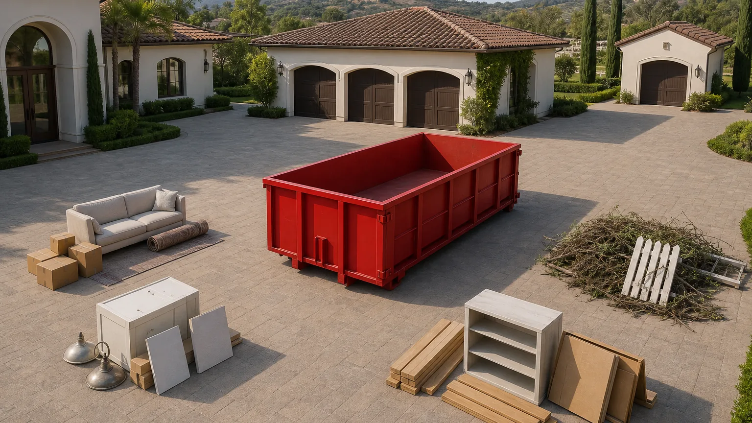 Red roll-off dumpster in a paved service court with household, remodel, landscape, and workshop material staged in separate groups