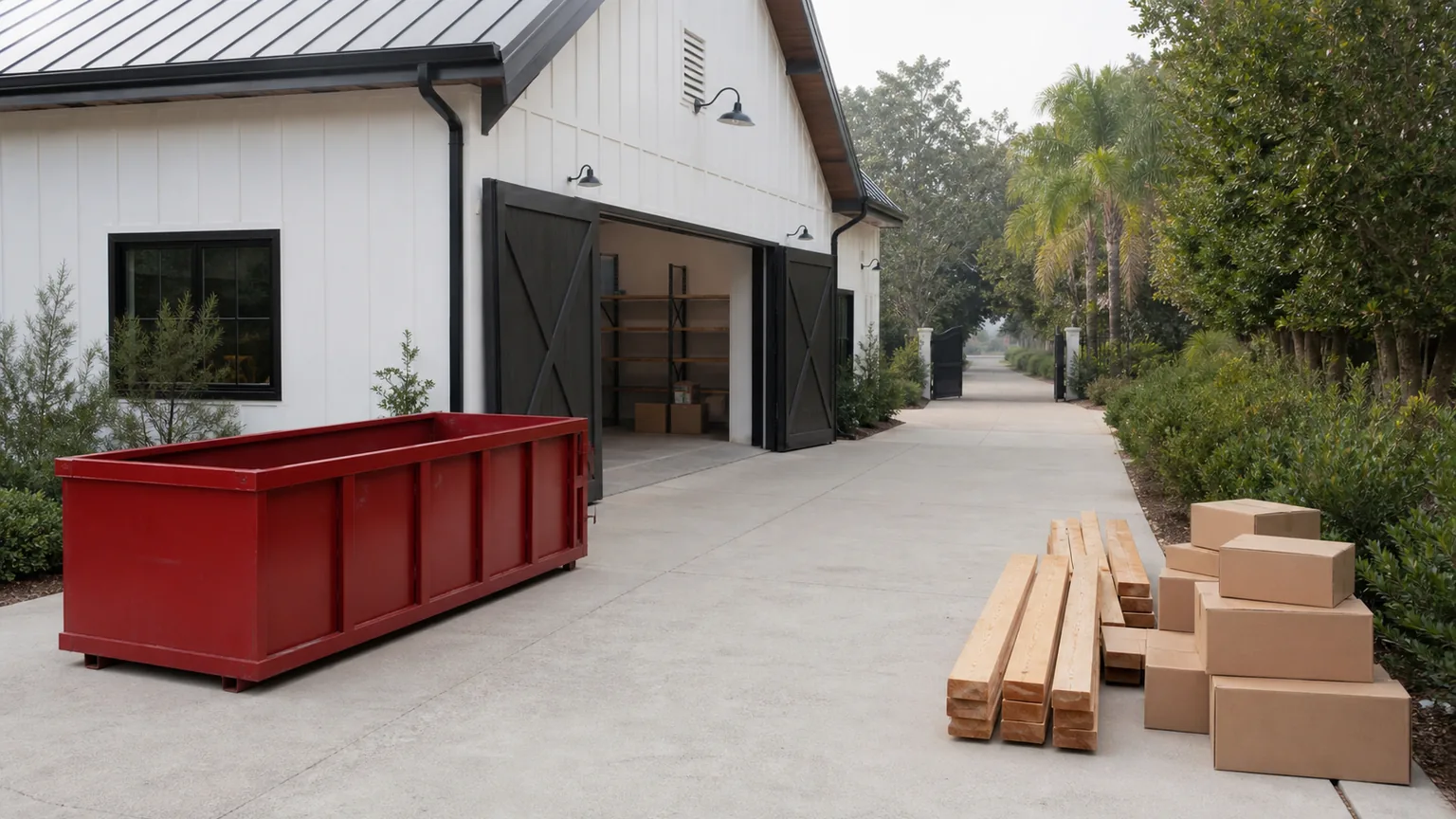 Empty red roll-off dumpster offset from an open detached workshop with boxes and short lumber staged beside a clear lane