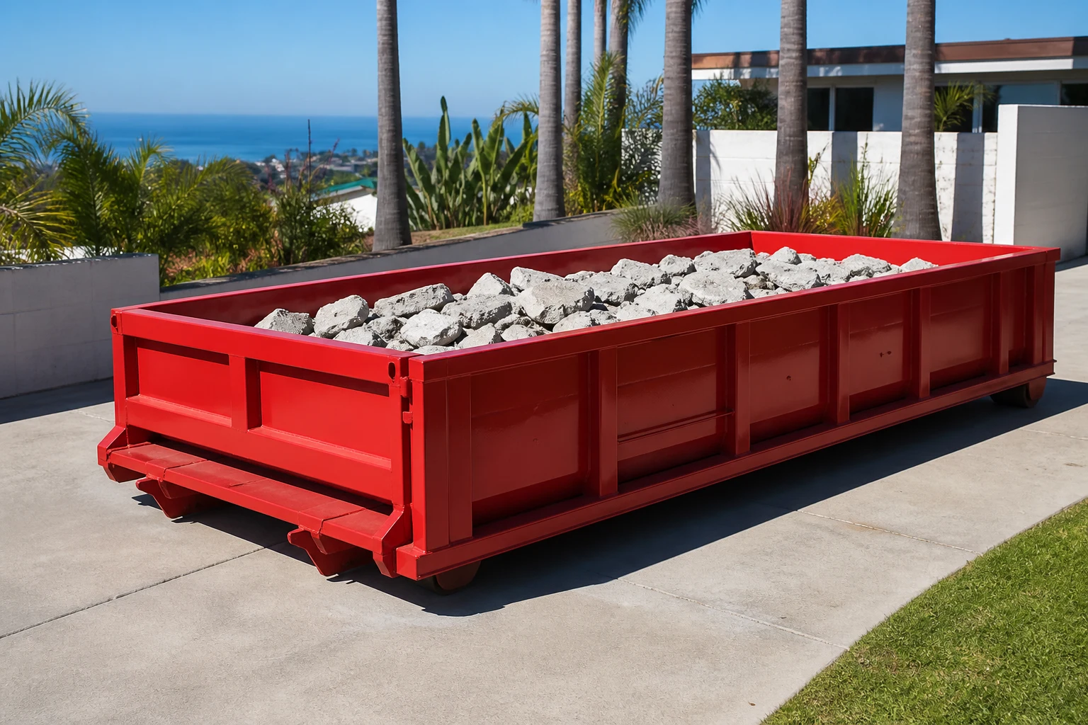 Low-profile red roll-off lowboy container loaded below the rim with clean concrete pieces