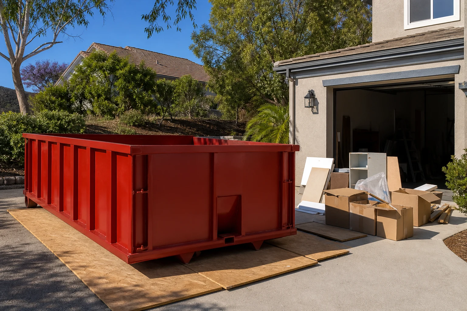 Red roll-off dumpster on driveway protection boards beside staged household cleanout boxes for quote planning