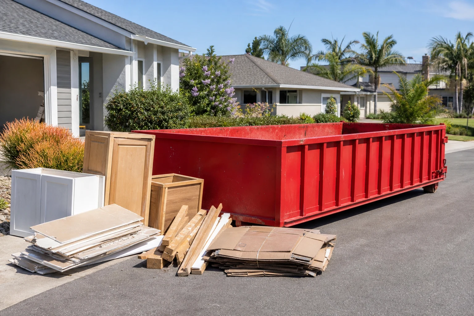 Red roll-off dumpster beside staged cabinets lumber and remodeling debris in a residential driveway