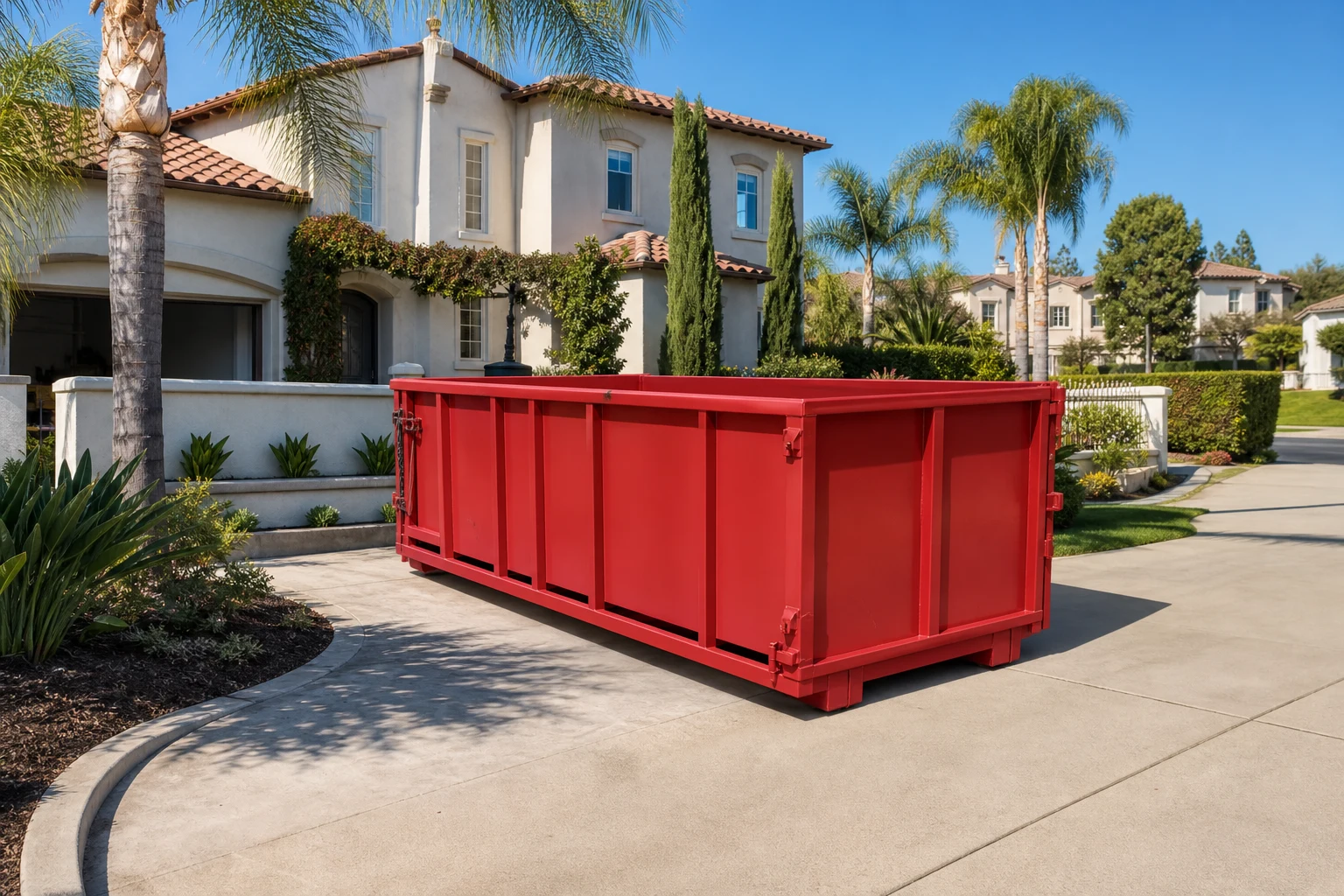 Red roll-off dumpster placed safely in a sunny San Diego residential driveway with clear access