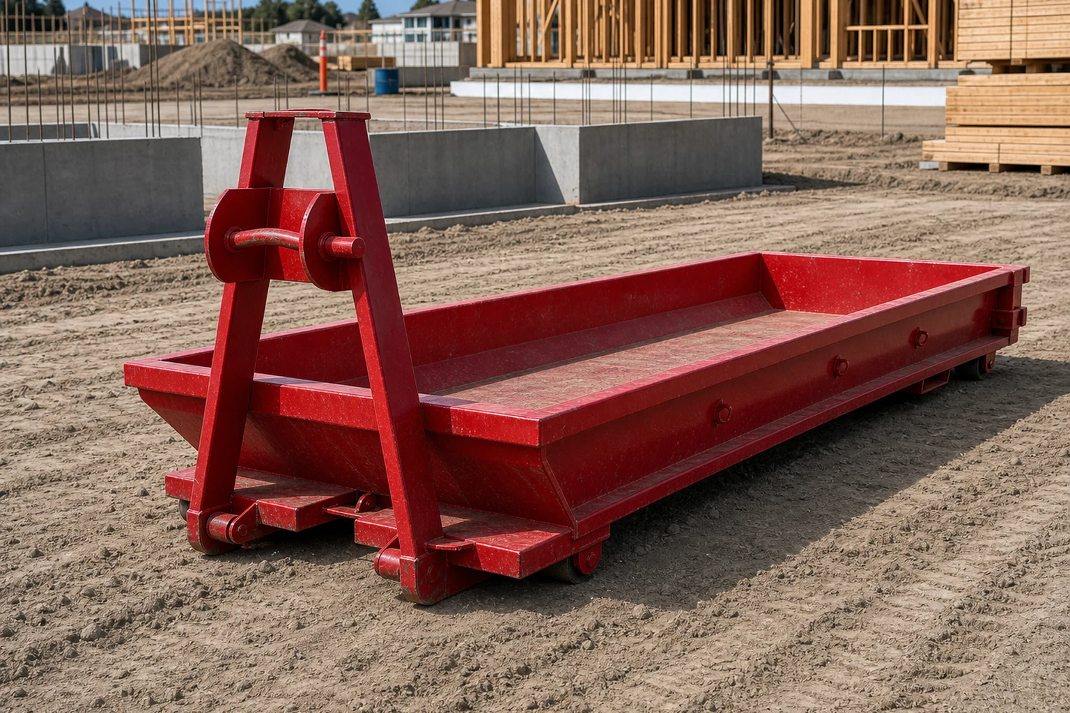 Red 10 yard lowboy dumpster with very low 2 foot tray sides and tall front A-frame on a construction site