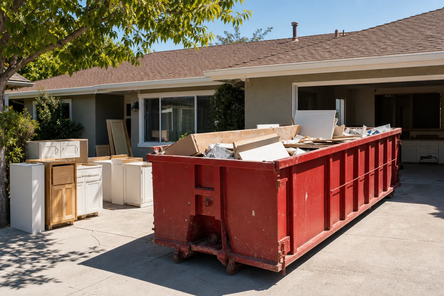 Red roll-off dumpster staged in a San Diego driveway with household remodeling debris loaded below the top rail