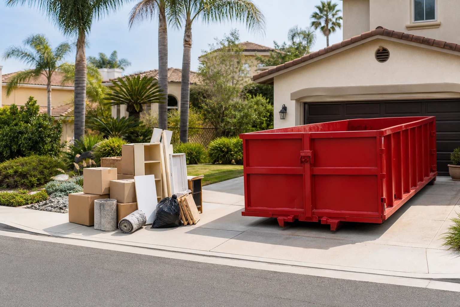 Red roll-off dumpster near staged garage cleanout debris ready for same-day loading