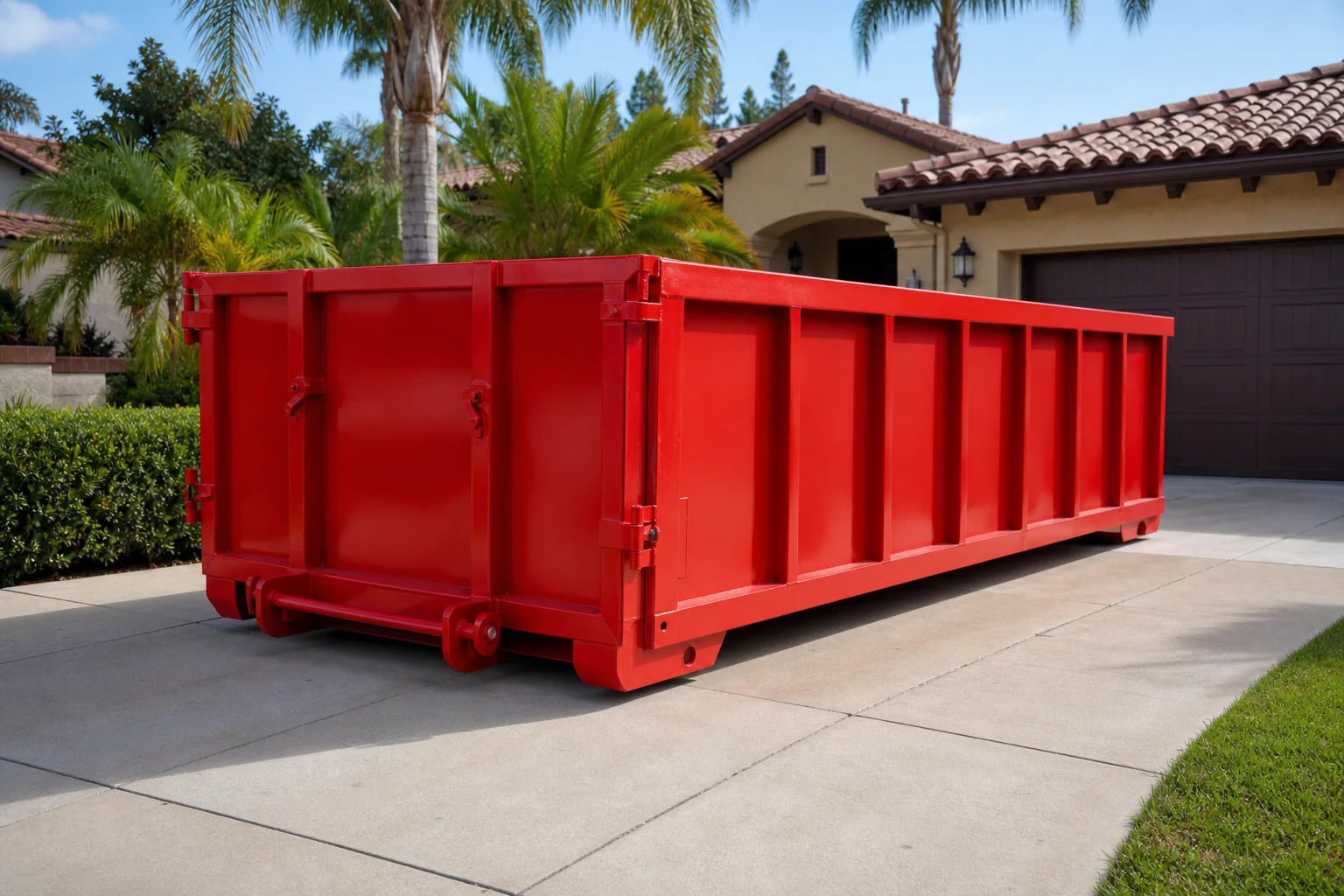 Red roll-off dumpster placed on private property with clear access and no vehicle equipment visible