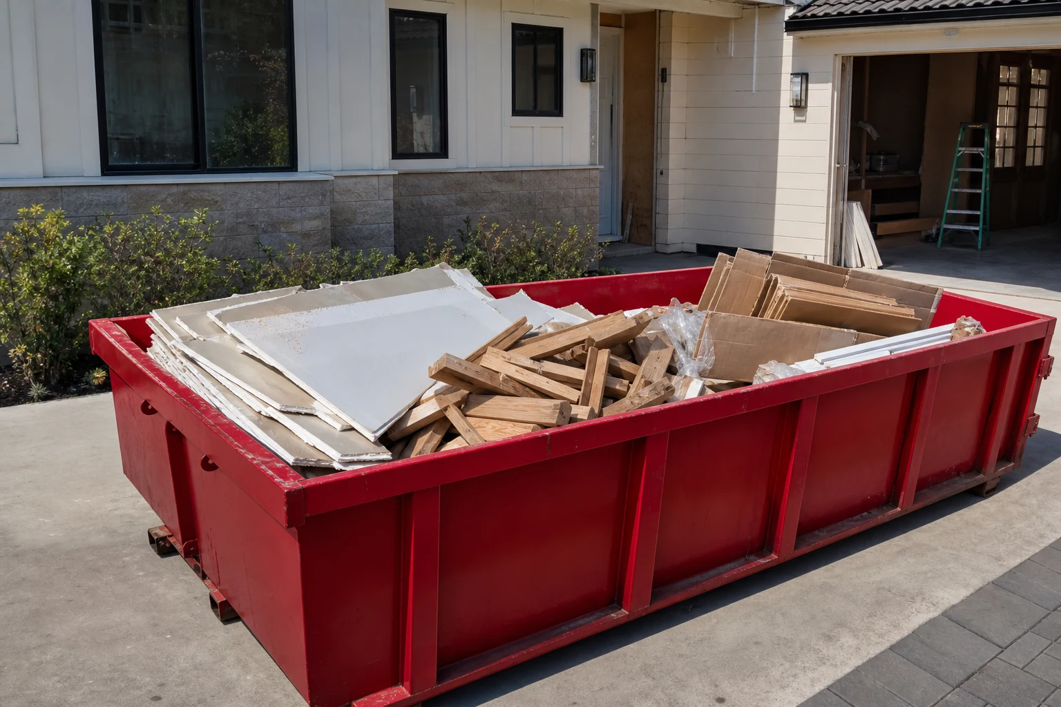 Red roll-off dumpster loaded with light remodel debris and cardboard for quick pickup scheduling