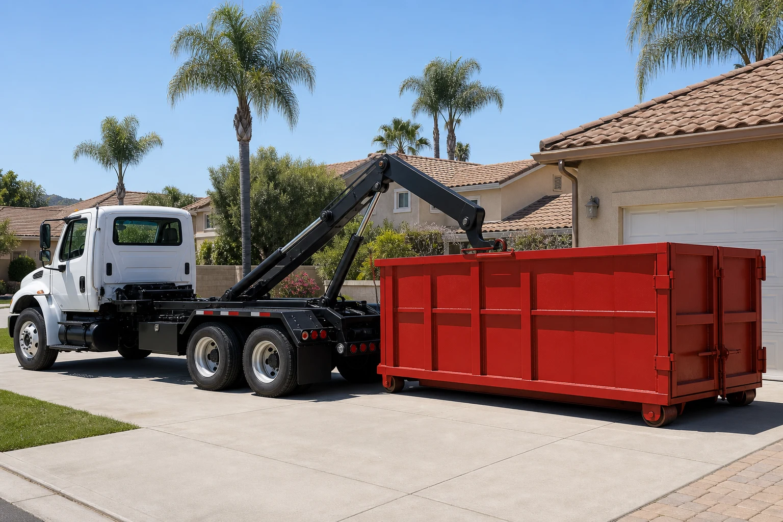 HaulnOff roll-off truck delivering a dumpster to a San Diego residential driveway.