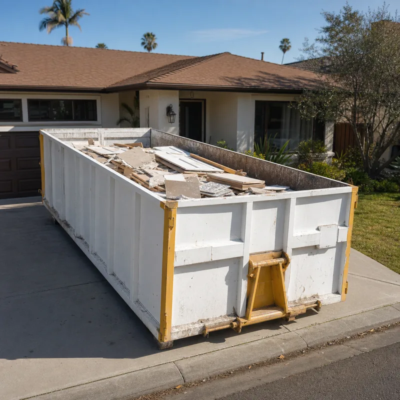 A 20-yard HaulnOff dumpster on a driveway being filled with remodel debris.