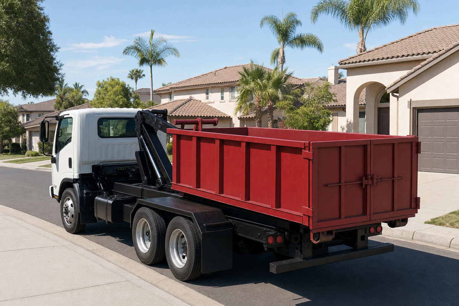 HaulnOff truck pulling away from a San Diego driveway with a loaded dumpster on the bed.