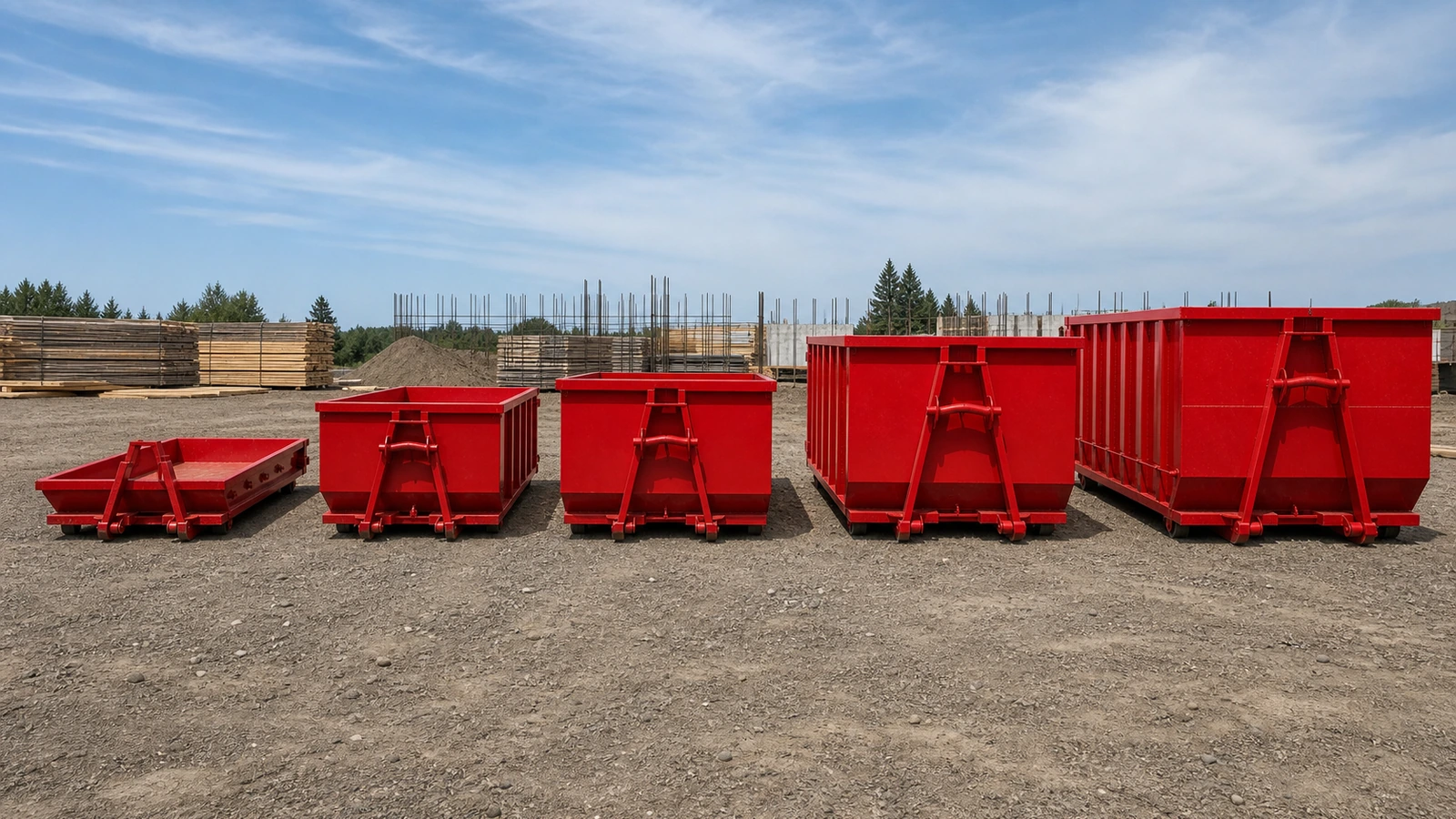 Side-by-side scale comparison of Haul'n Off's five San Diego dumpster sizes lined up in a construction yard, left to right: 10 yard lowboy, 15 yard, 20 yard, 30 yard, and 40 yard, all red with A-frame hook bars facing the camera.