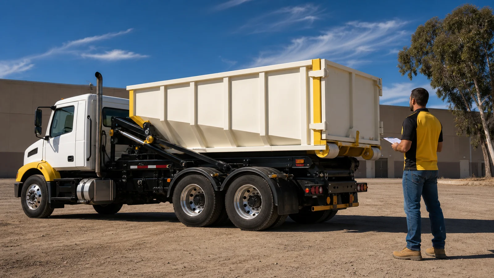 Haul'n Off roll-off truck with an empty 20-yard dumpster mounted on the bed, parked at the company yard in Lemon Grove, San Diego County, with an operator beside it holding a clipboard.