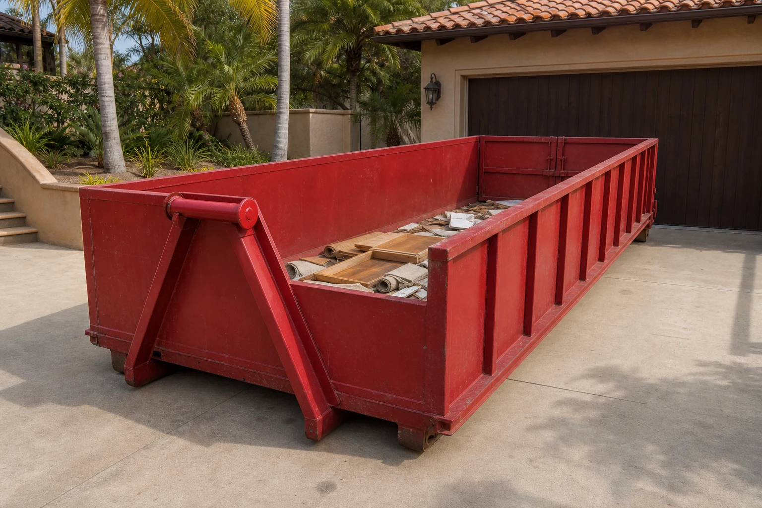 A 15-yard Haul’n Off dumpster on a residential driveway in San Diego, partially filled with kitchen remodel debris including cabinet fronts and drywall.