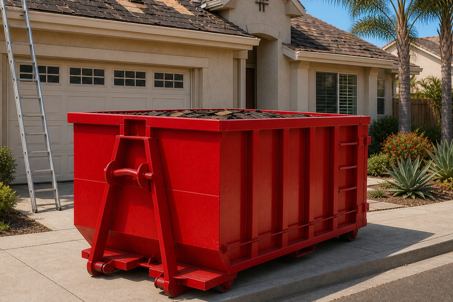 A 20-yard Haul’n Off dumpster on a San Diego driveway, half-filled with stripped asphalt roofing shingles, with a roof tear-off visible in progress on the house behind.