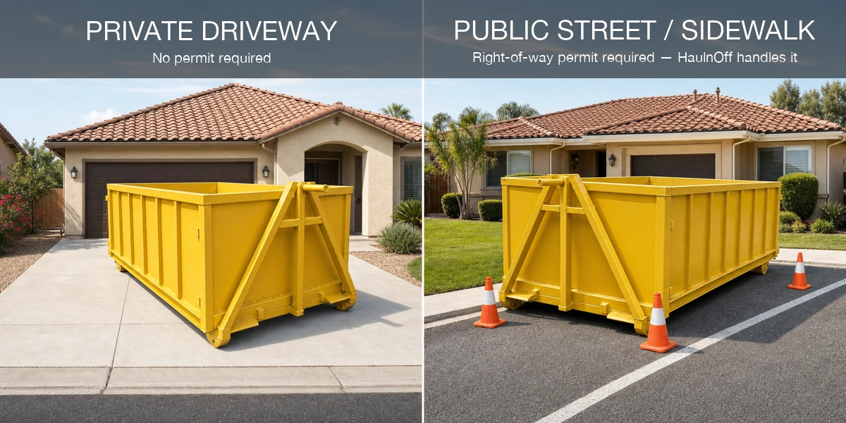 Diagram comparing a private-property dumpster placement with a public right-of-way placement that requires the customer to verify local approval or permit requirements.