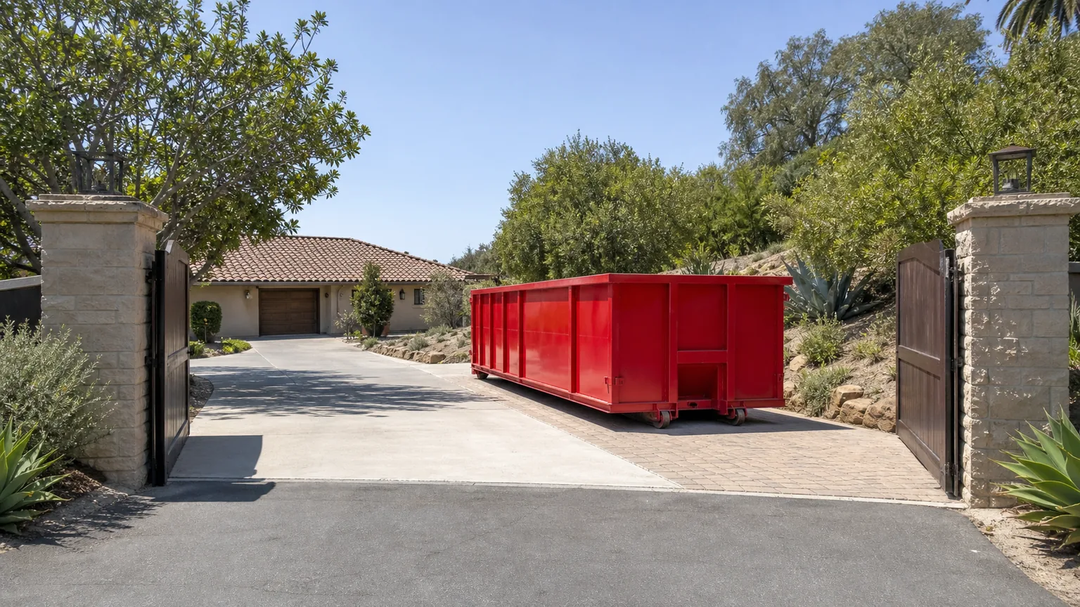 Open driveway gate with a clear paved route to an empty red roll-off dumpster