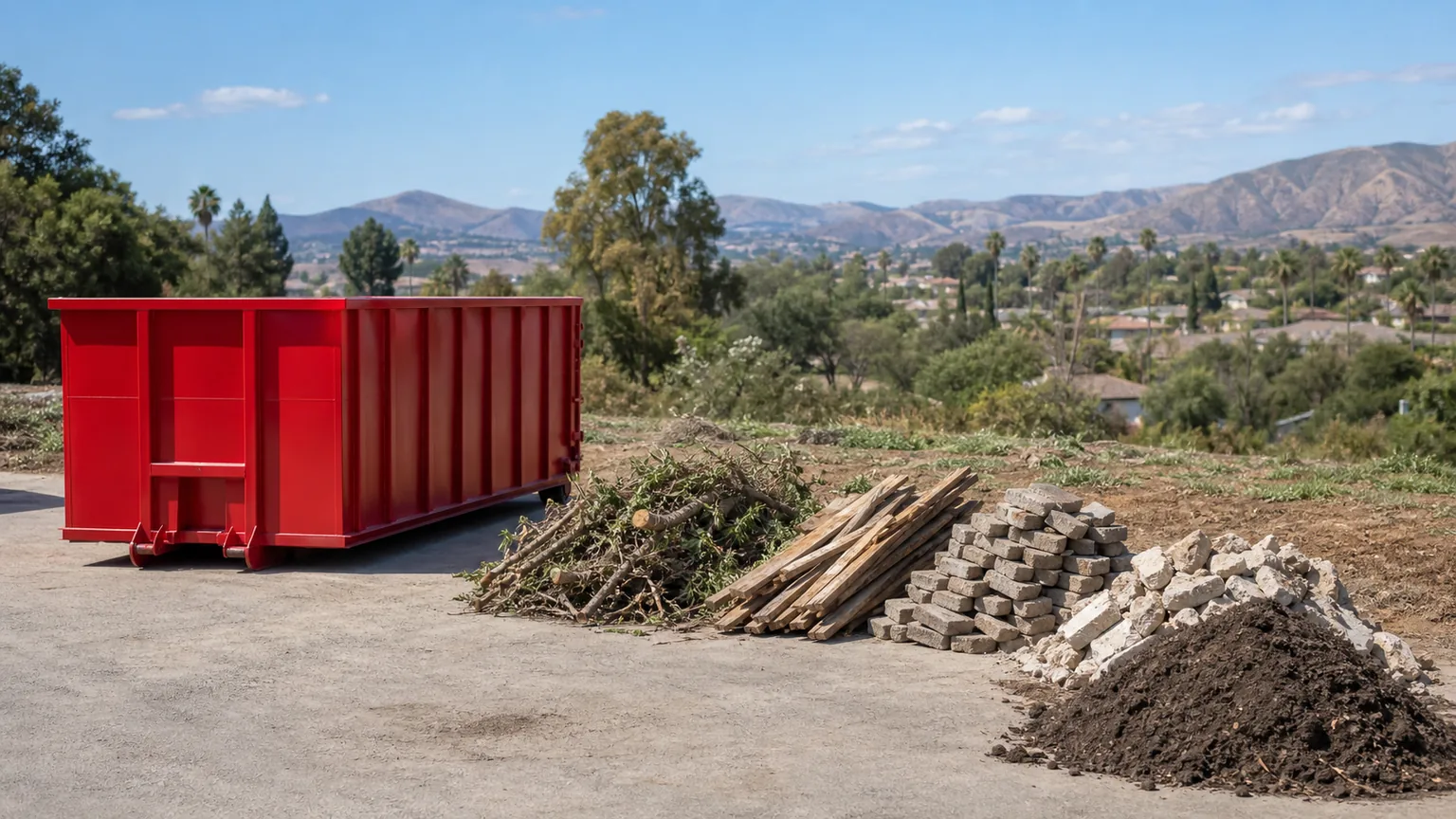 Empty red roll-off dumpster beside separate low piles of branches, fence boards, pavers, concrete, and soil