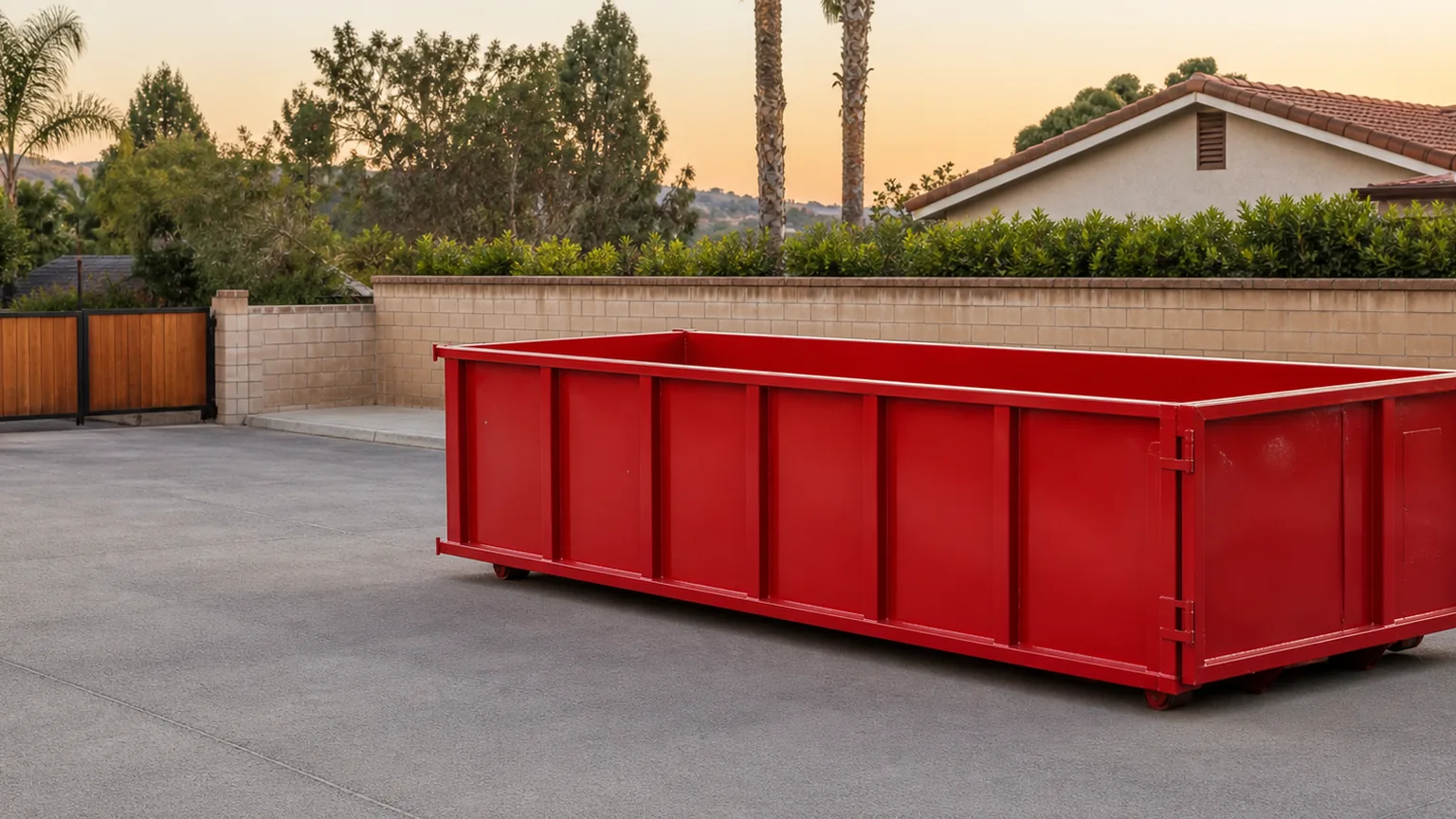 Empty red roll-off dumpster on a swept paved area with a clear return lane