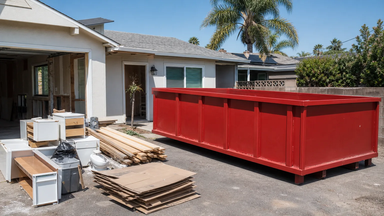 Empty red roll-off dumpster beside separate cabinets, short lumber, and flattened cardboard during a home remodel