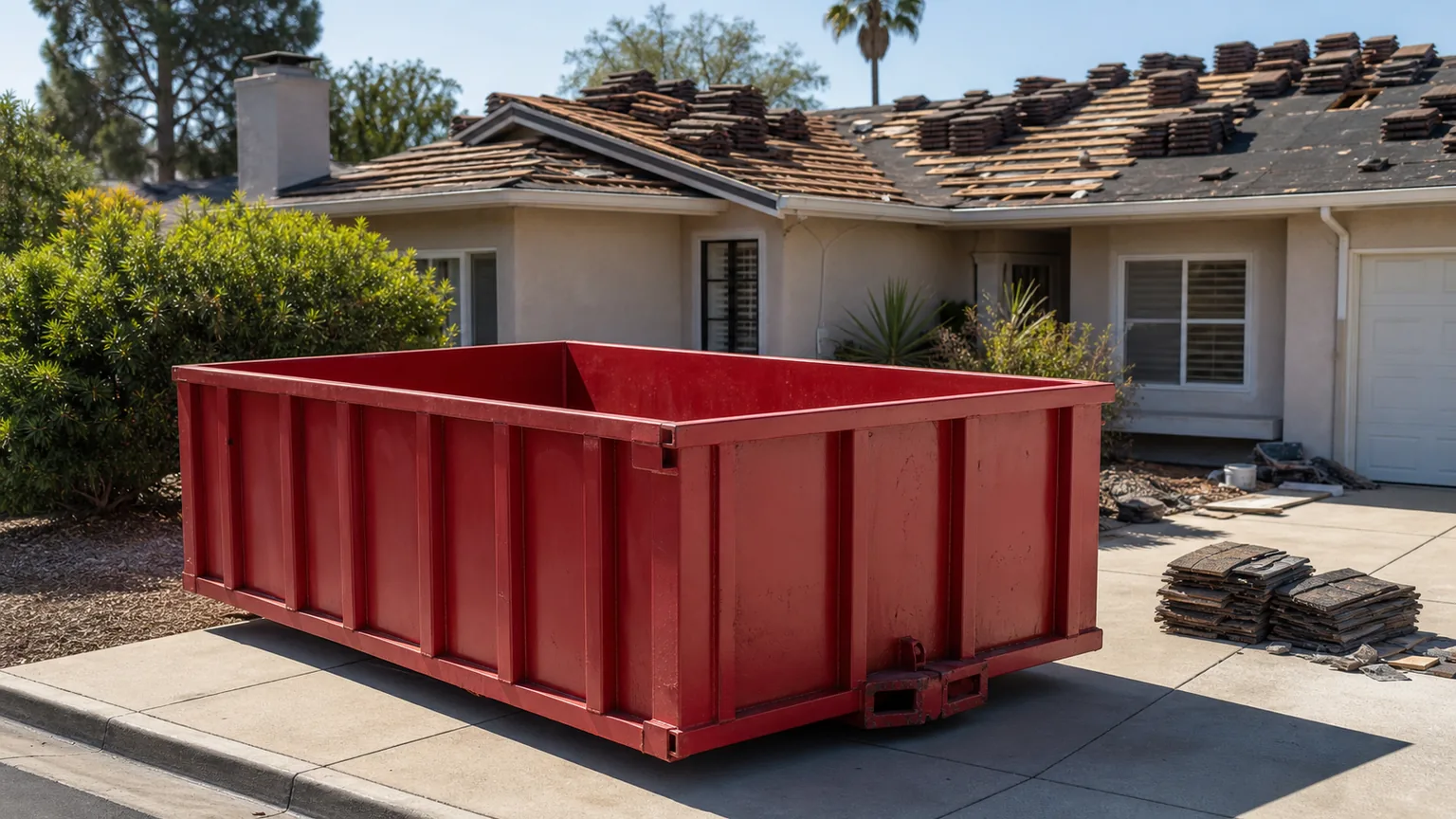 Empty red roll-off dumpster beside a roof replacement with tile staged on the ground