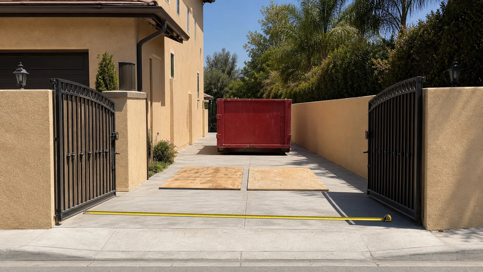 Open driveway gate measured with a tape and prepared with two protection boards
