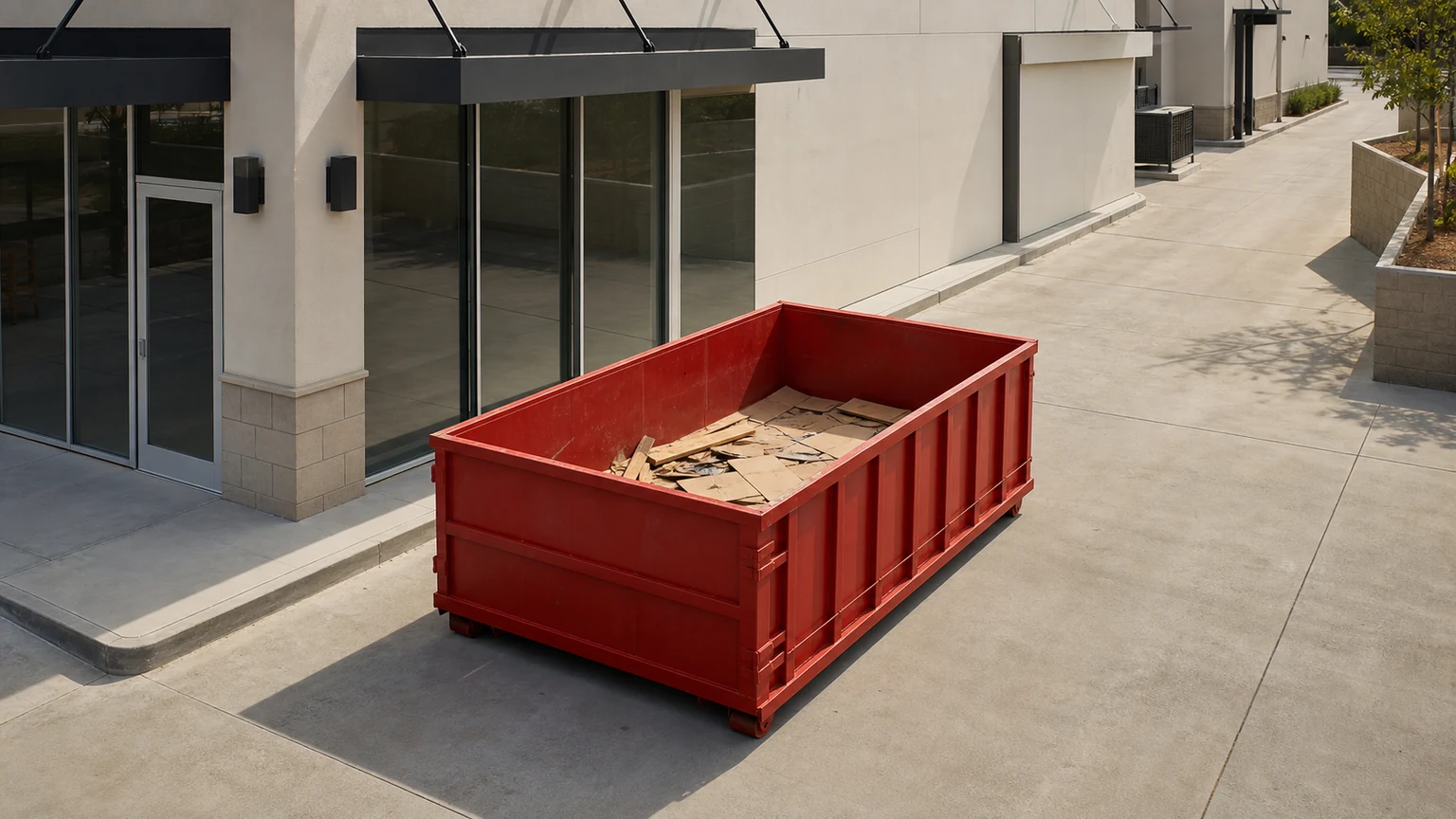 Red roll-off dumpster with a shallow contained load beside blank commercial facades