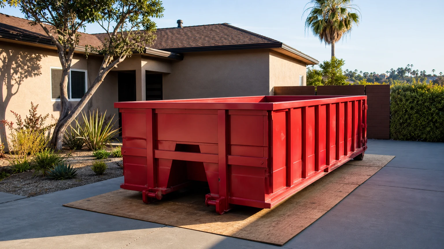 Empty red roll-off dumpster on driveway protection boards beside a stucco home