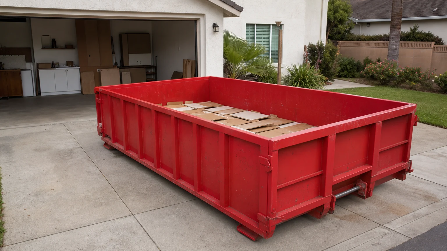 Red roll-off dumpster with a shallow layer of flat cleanout material well below the rails