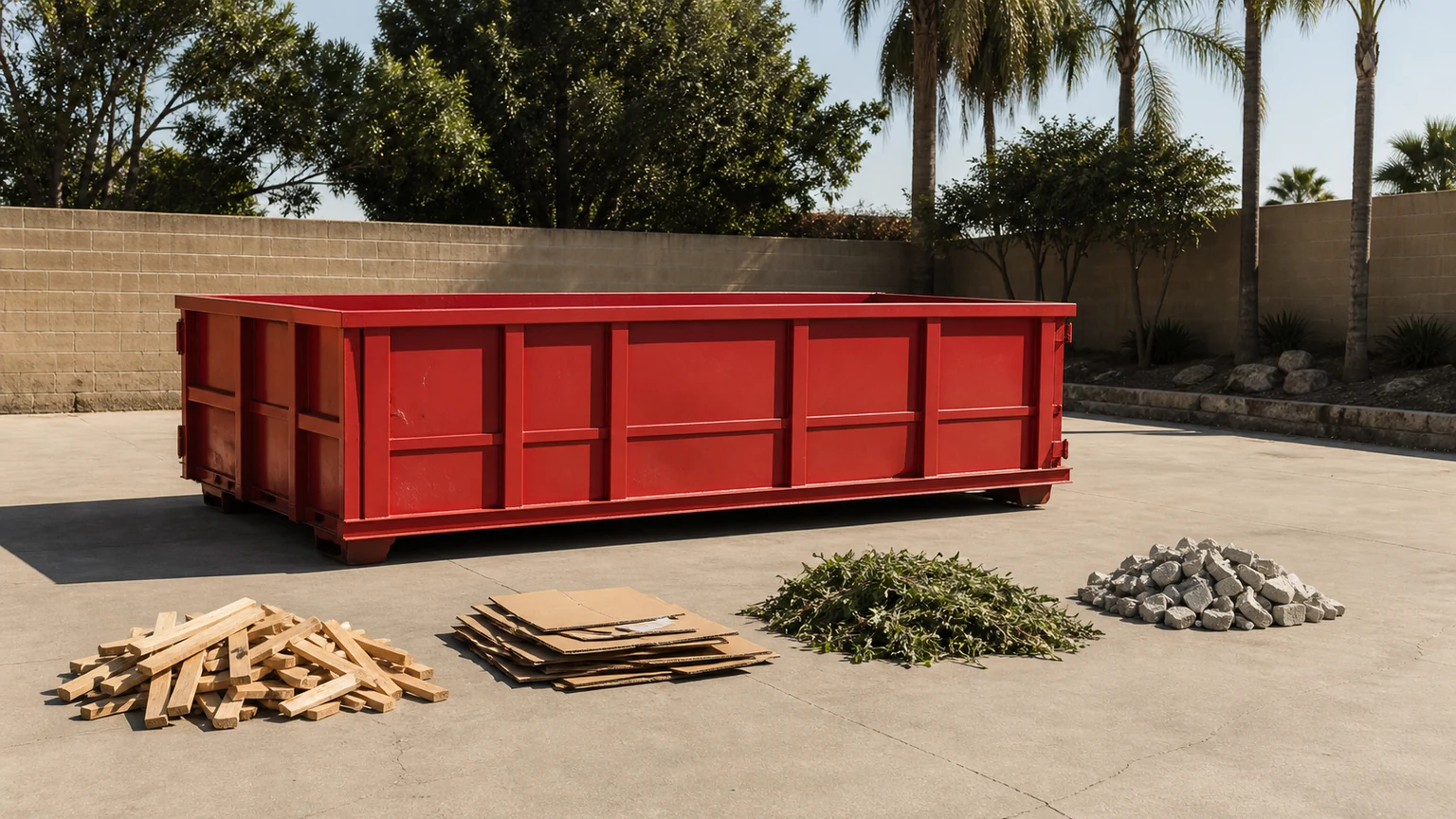 Empty red roll-off dumpster beside separate low piles of lumber, cardboard, branches, and masonry