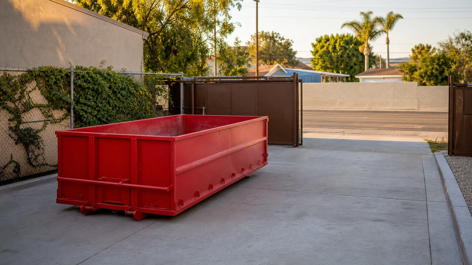 Empty red roll-off dumpster with a swept surface, open gate, and clear return lane