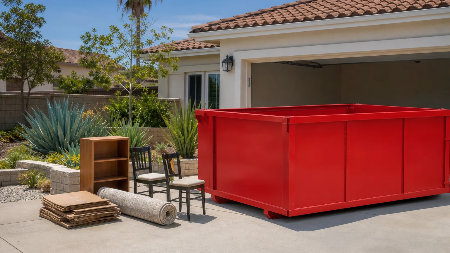 Plain red roll-off dumpster beside neatly staged boxes, chairs, a rug, and shelving on a Santee driveway