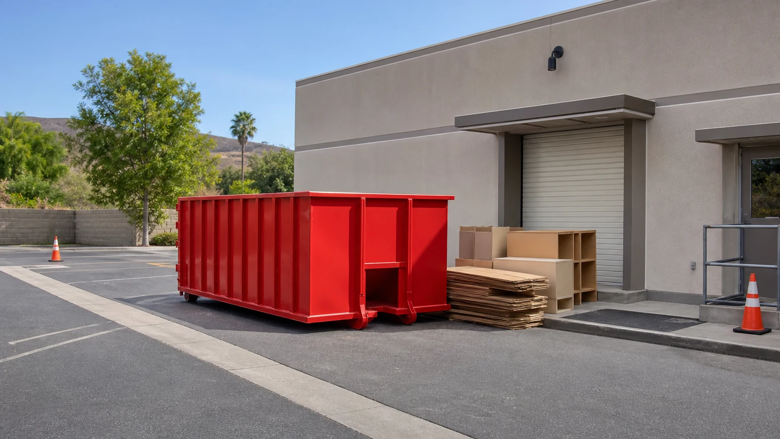 Plain red roll-off dumpster beside tidy cardboard and shelving in a clear commercial service area