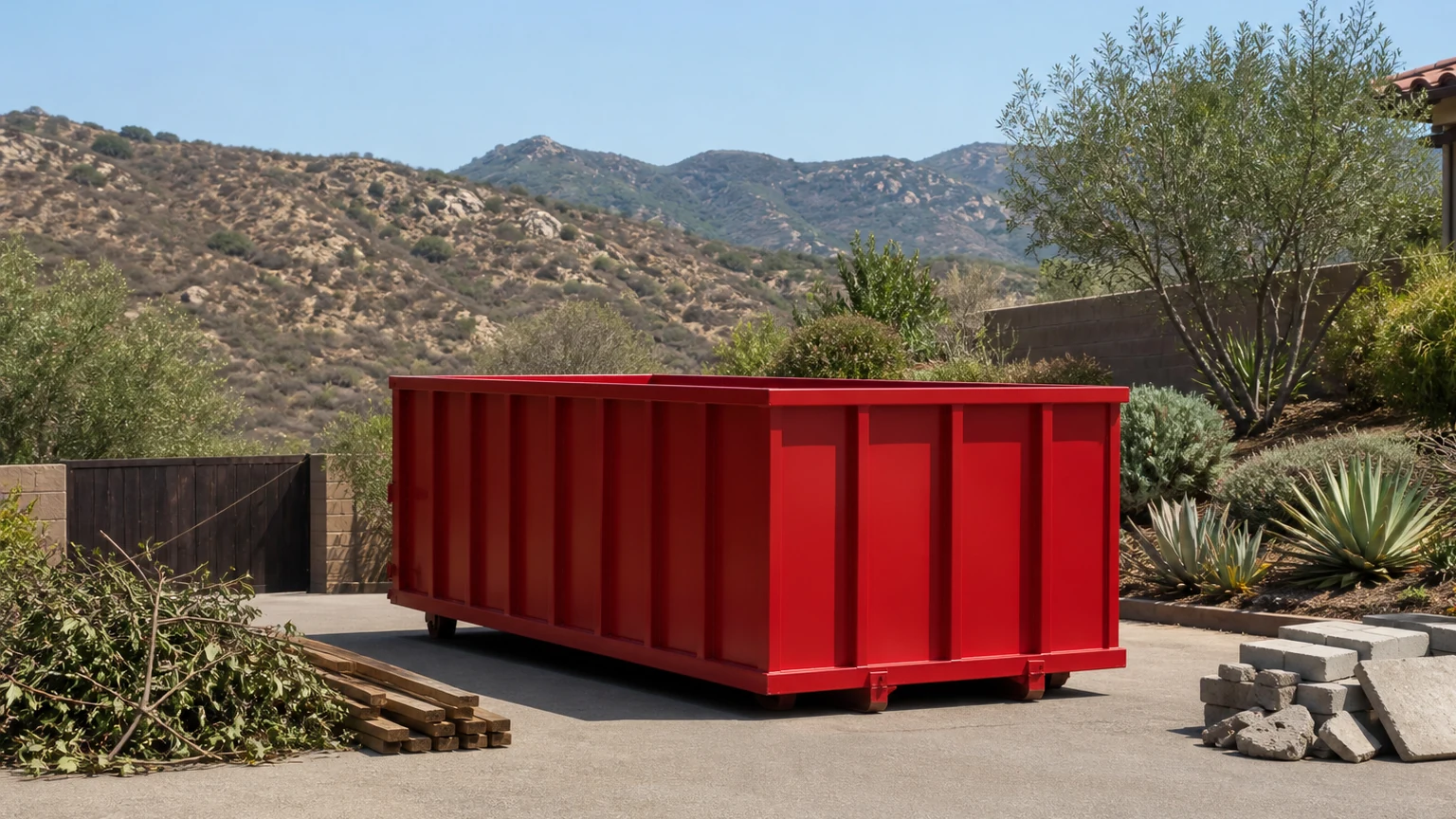 Plain red roll-off dumpster between separate piles of branches, fence boards, pavers, and broken concrete