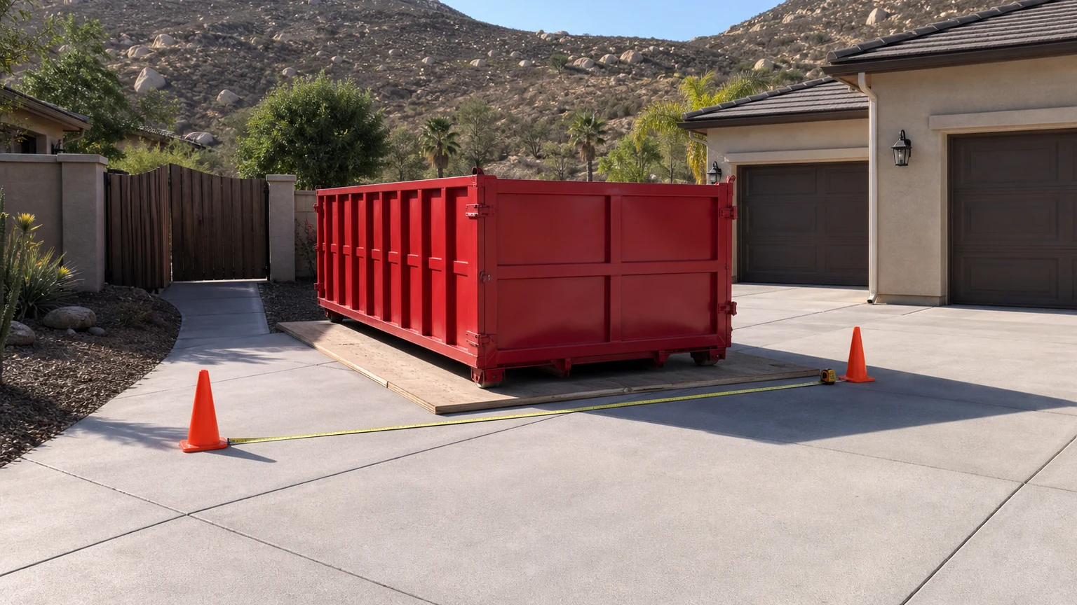 Plain red roll-off dumpster on protection boards with cones and a tape marking a private driveway footprint
