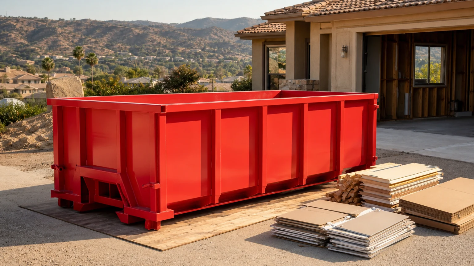 Plain red roll-off dumpster on protection boards beside separated drywall, cabinet pieces, lumber, and cardboard