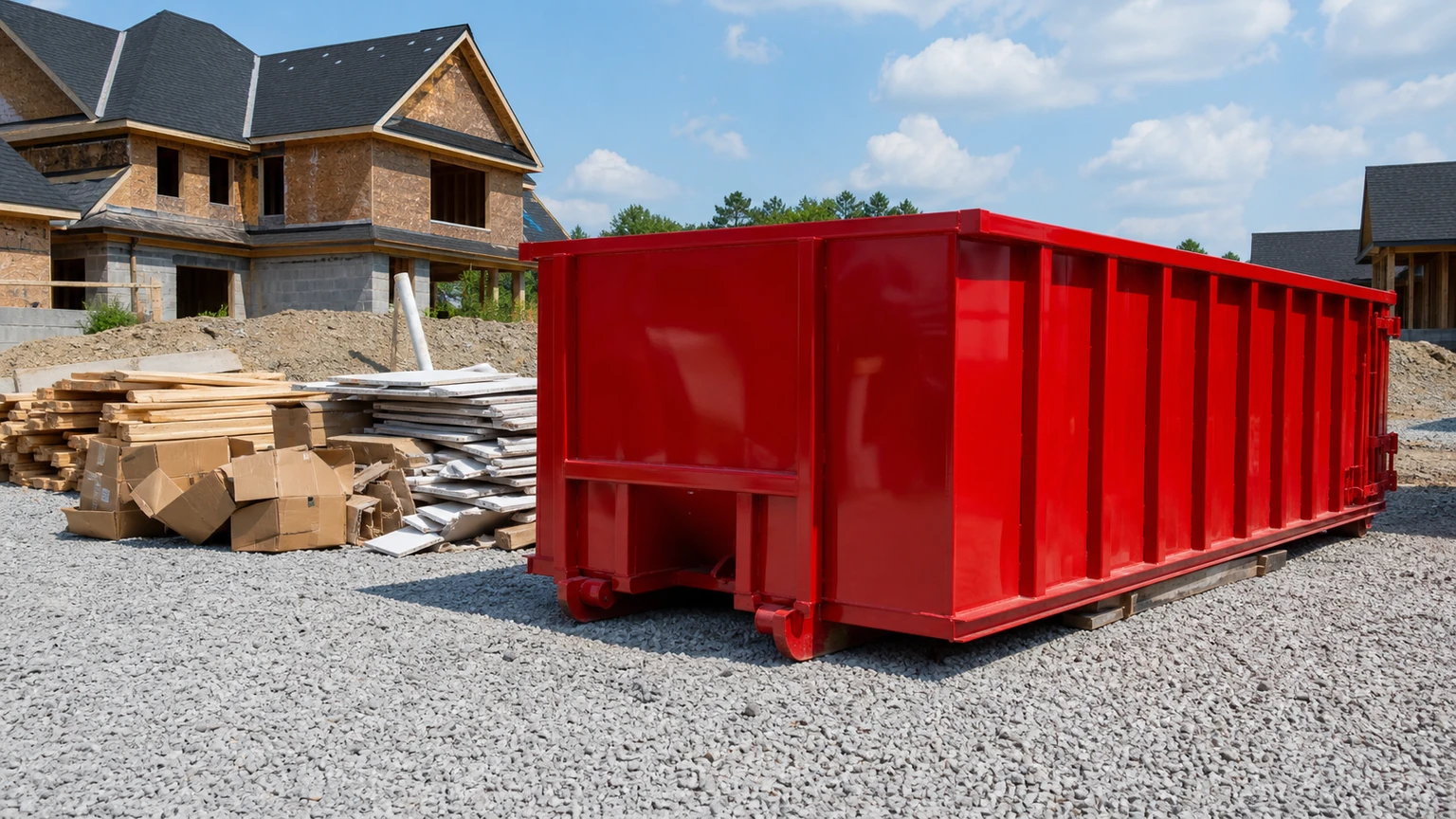 Red roll-off dumpster beside organized lumber cardboard and light construction debris at a jobsite
