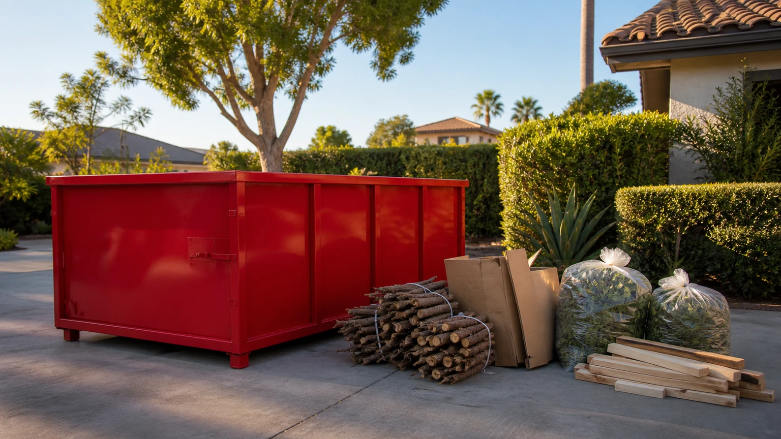 Red compact roll-off dumpster beside bundled branches bagged yard debris cardboard and clean wood