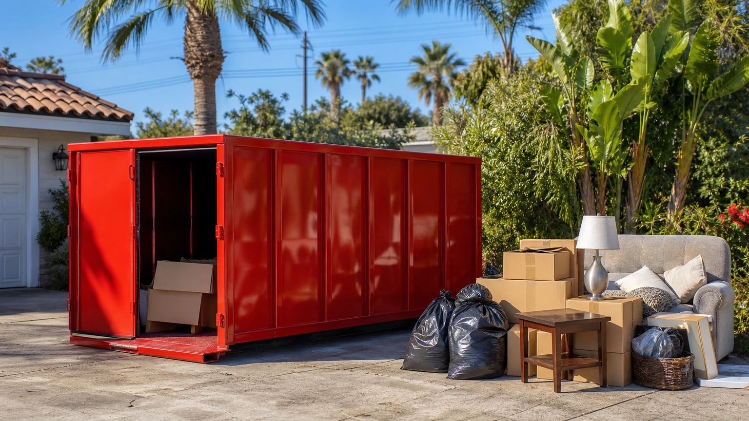 Red walk-in roll-off dumpster beside staged furniture boxes and bagged household cleanout items