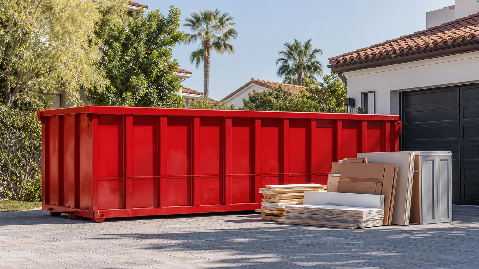 Red roll-off dumpster beside neatly staged home renovation debris on a private driveway