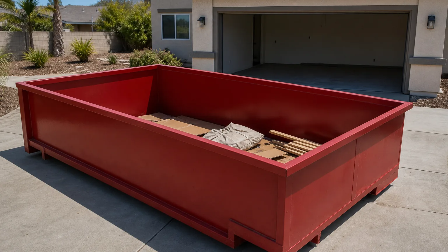 Plain red roll-off dumpster with a below-rim cleanout load on a wide private driveway