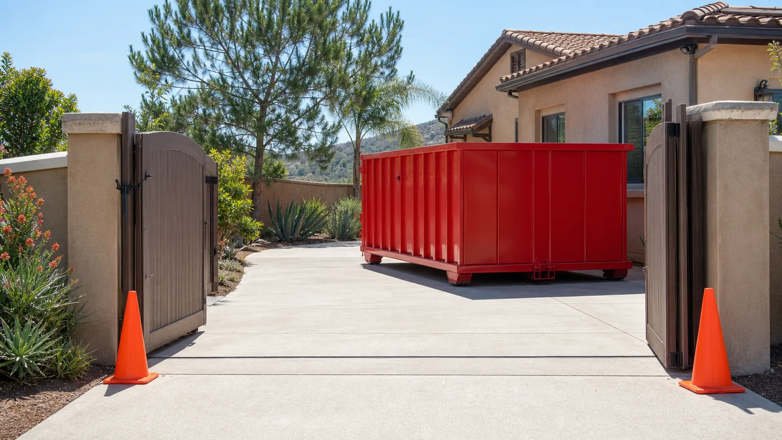Empty plain red roll-off dumpster beyond a wide private driveway gate with clear overhead space
