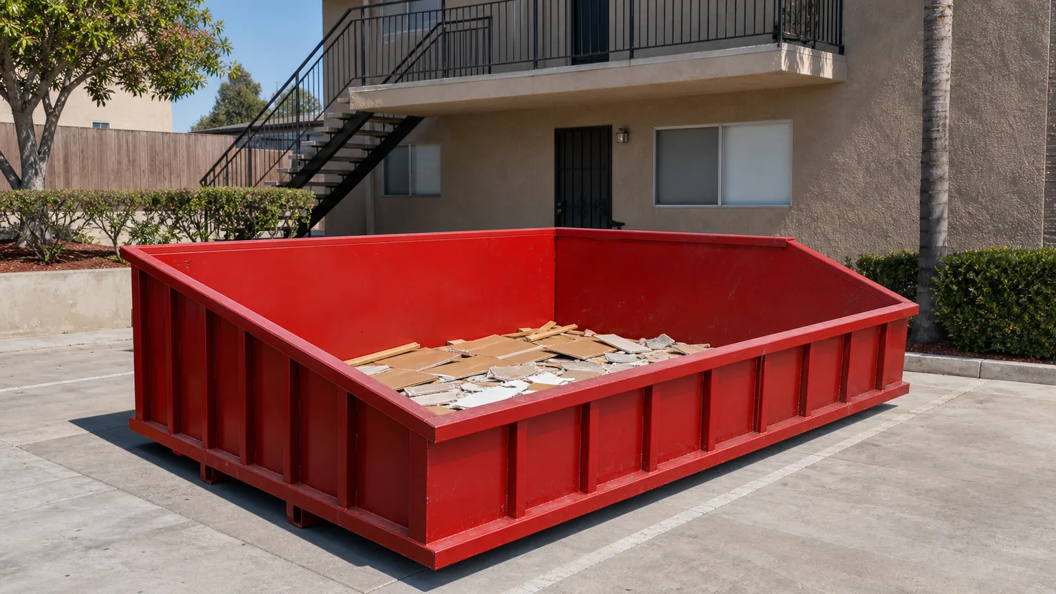 Plain red roll-off dumpster with a below-rim property-turnover load at a private multi-unit site