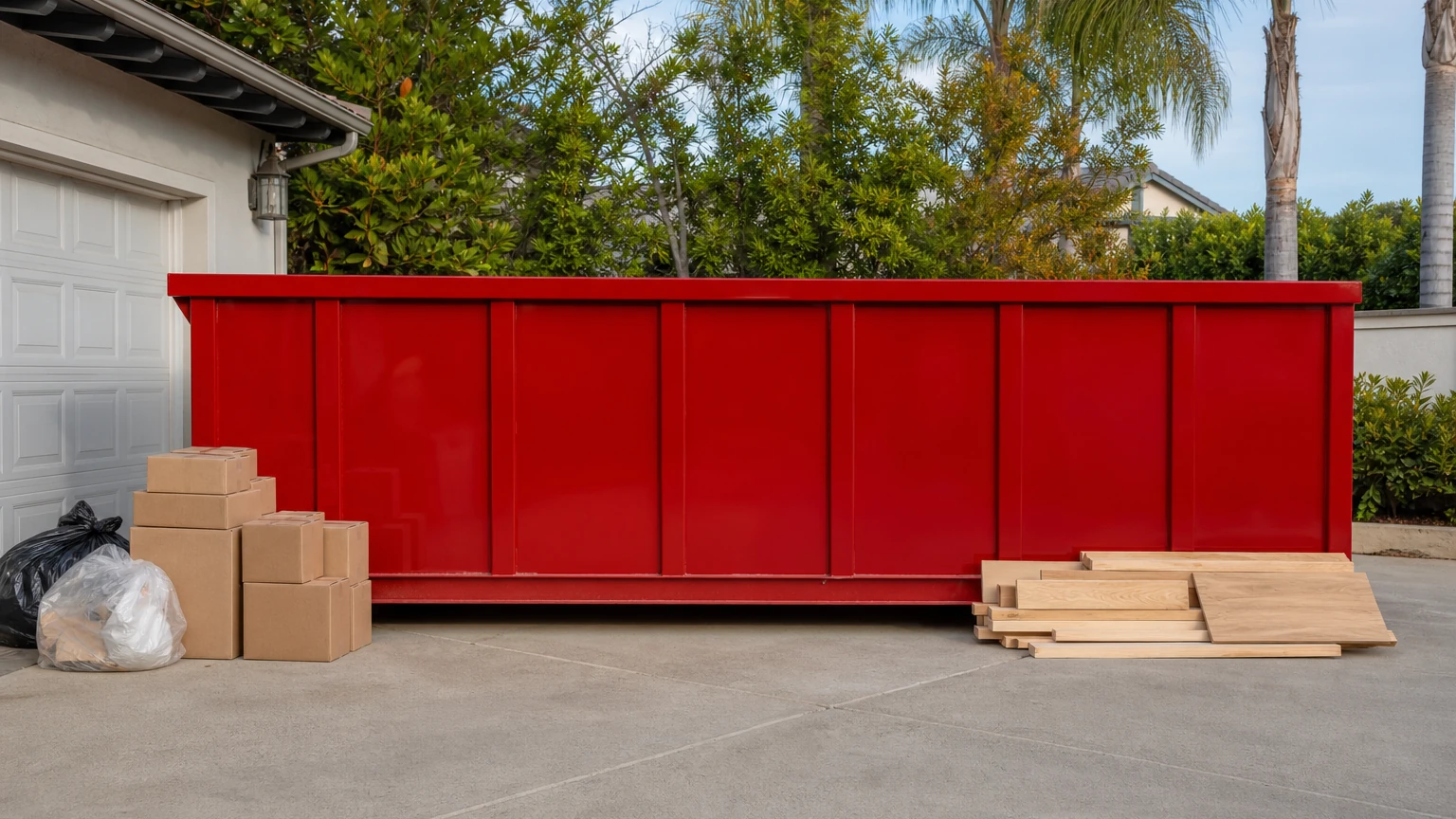 Red temporary roll-off dumpster beside neatly staged boxes bags and clean wood during a garage cleanout